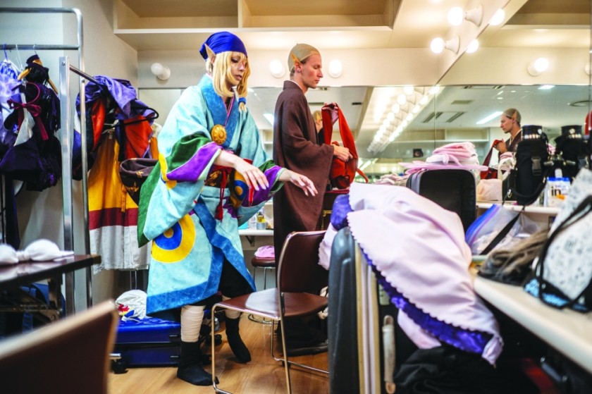 Irina Tsapreva (left) of Bulgaria prepares for the 2024 World Cosplay Championships with her team during the World Cosplay Summit in Nagoya on August 3, 2024.
