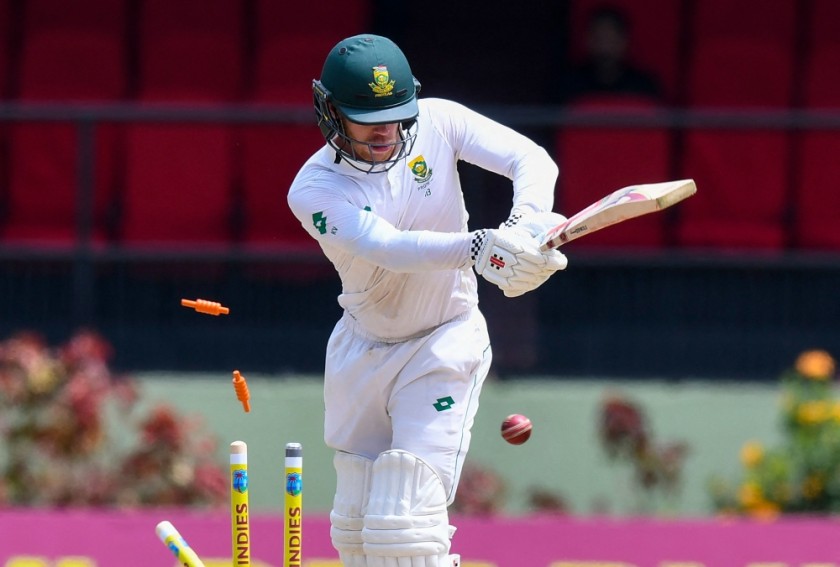 South Africa's Kyle Vereen is bowled by West Indies' Sharma Joseph on day one of the second Test match